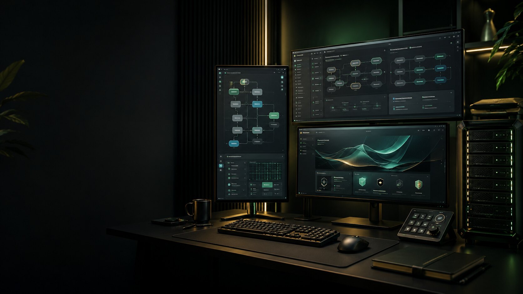 Entwicklerarbeitsplatz mit Code, Weboberflächen und technischen Werkzeugen